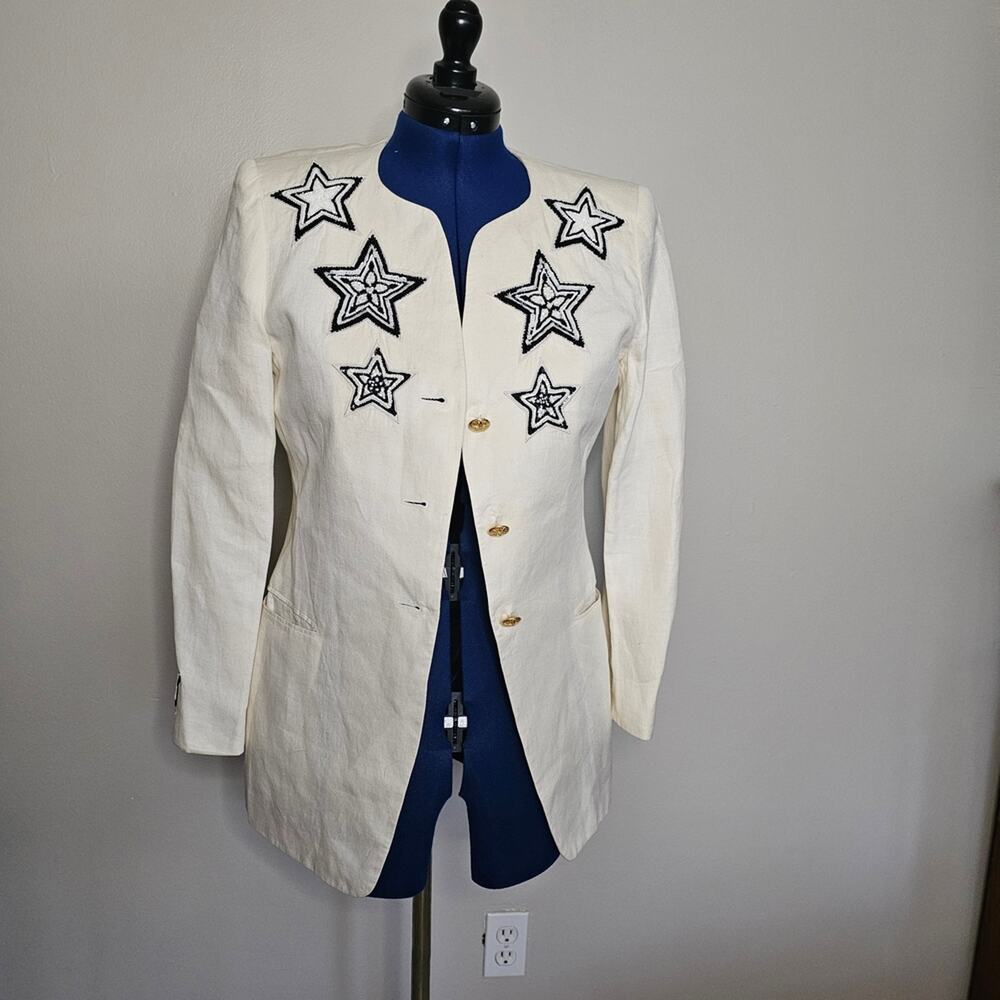 Vintage Escada White Linen Blazer with Blue And White Star Embroidery